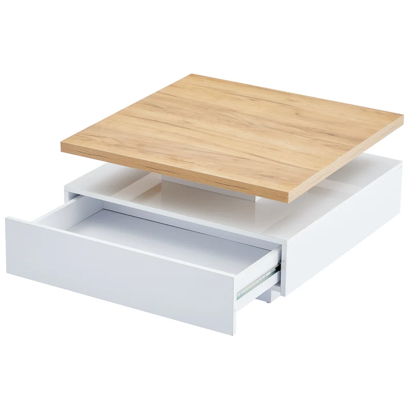 Table basse carrée rotative 360° blanche brillante et effet bois MODERNLAMPSET