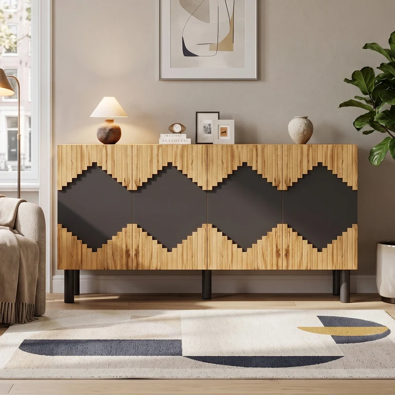 Buffet effet bois et noir motif losange 4 portes 140x40x70cm MODERNCEILINGHOME