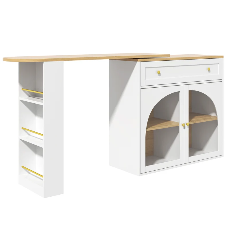 Table de bar extensible blanche, plateau pivotant 360°, îlot cuisine 138-204x39x104cm MODERNSOFASET