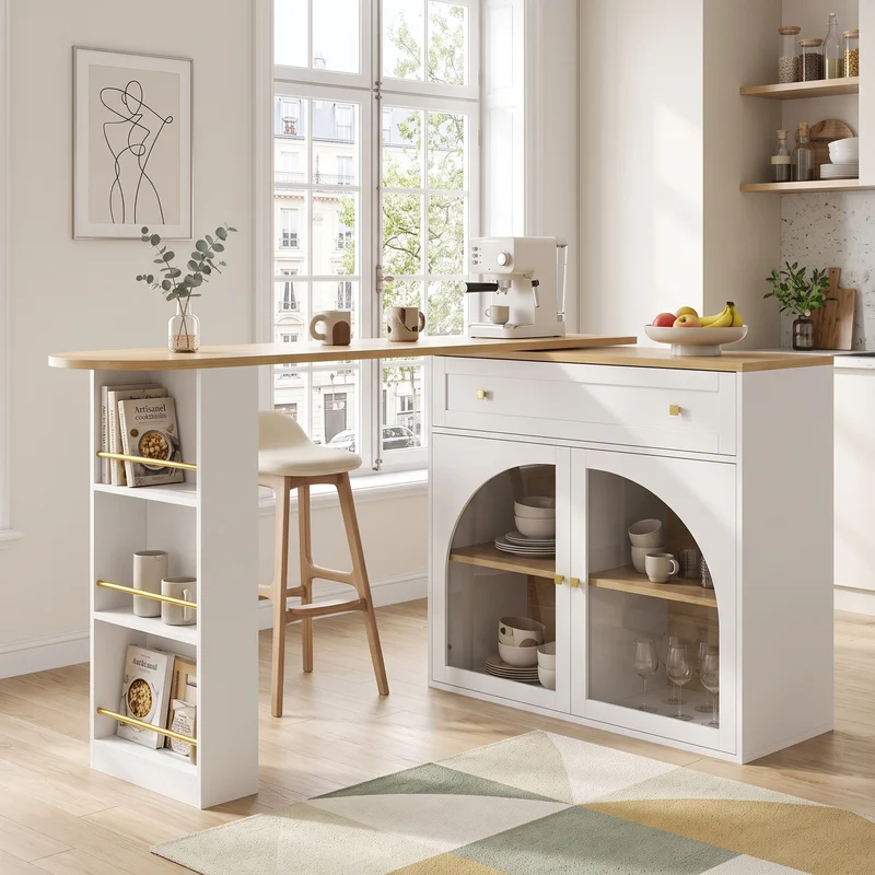 Table de bar extensible blanche, plateau pivotant 360°, îlot cuisine 138-204x39x104cm MODERNSOFASET