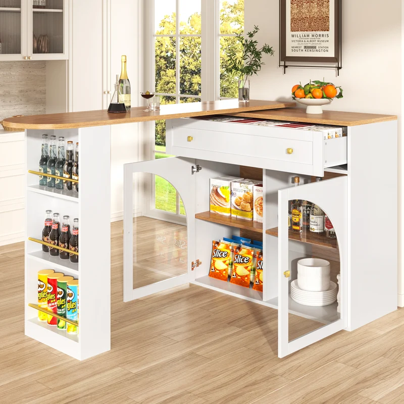 Table de bar extensible blanche, plateau pivotant 360°, îlot cuisine 138-204x39x104cm MODERNSOFASET