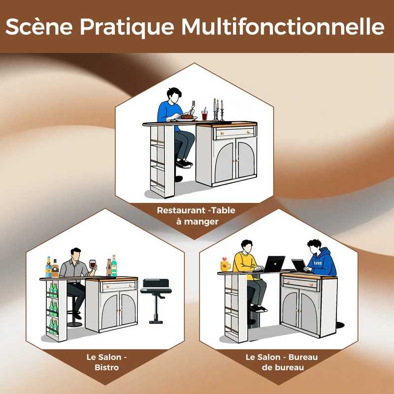 Table de bar extensible blanche, plateau pivotant 360°, îlot cuisine 138-204x39x104cm MODERNSOFASET