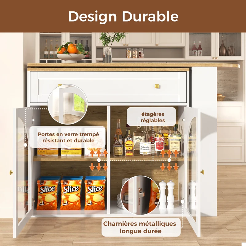 Table de bar extensible blanche, plateau pivotant 360°, îlot cuisine 138-204x39x104cm MODERNSOFASET