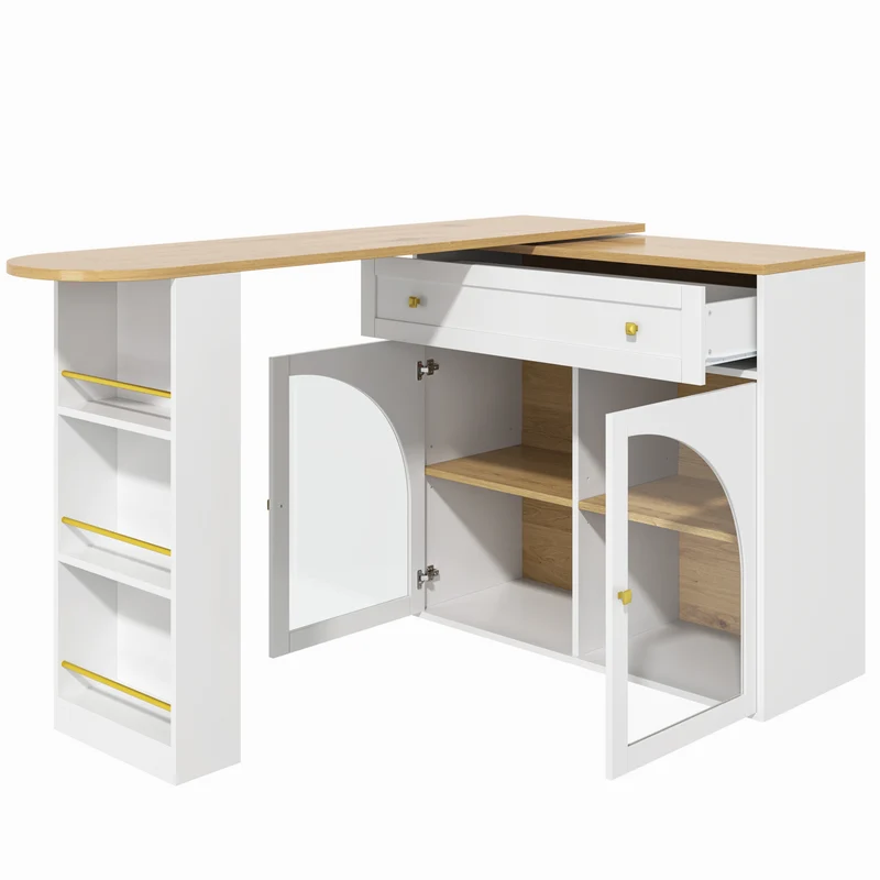 Table de bar extensible blanche, plateau pivotant 360°, îlot cuisine 138-204x39x104cm MODERNSOFASET