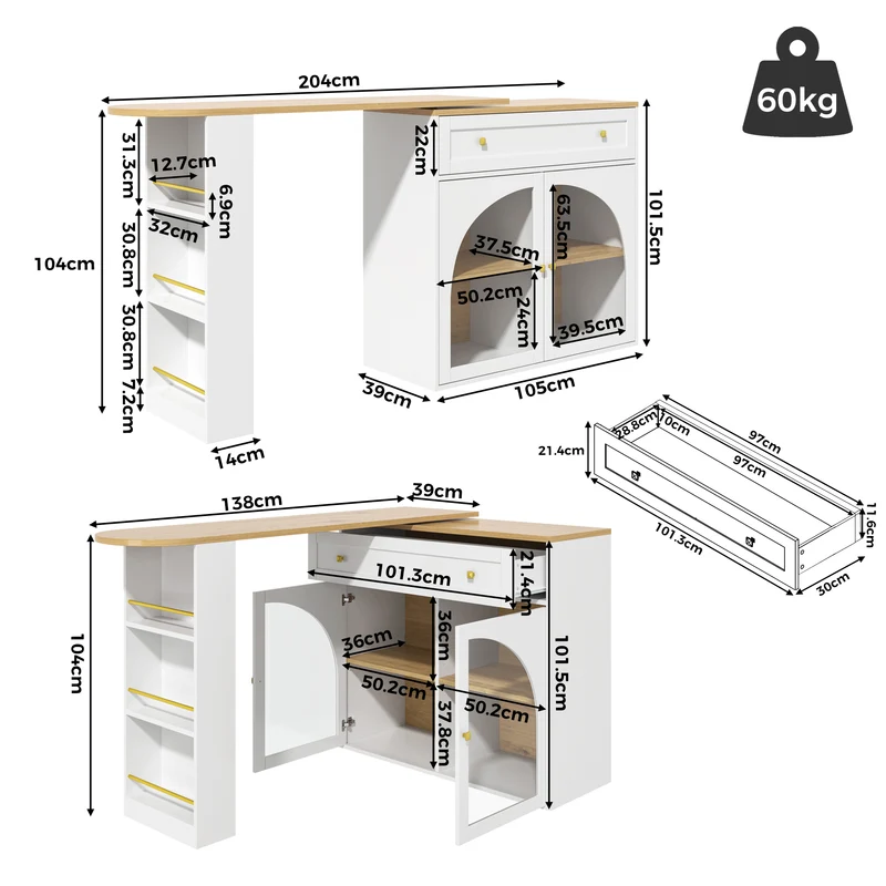 Table de bar extensible blanche, plateau pivotant 360°, îlot cuisine 138-204x39x104cm MODERNSOFASET