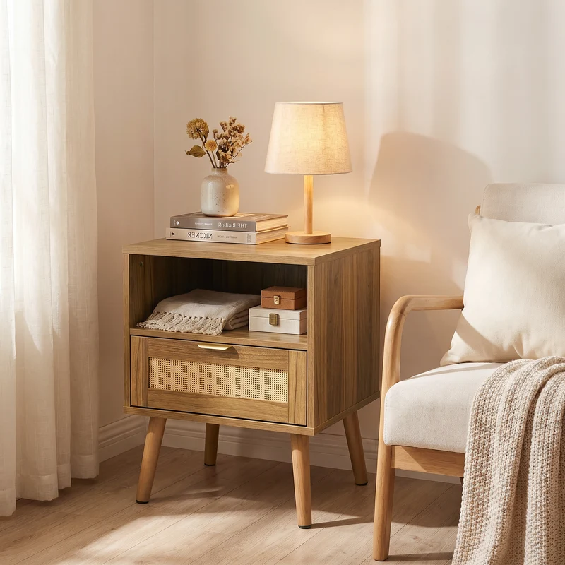 Table de chevet en rotin, style boho, rangement ouvert et tiroir doré 45x40x55cm MODERNCREDENZAART
