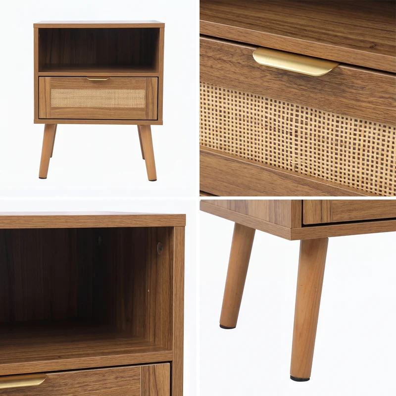 Table de chevet en rotin, style boho, rangement ouvert et tiroir doré 45x40x55cm MODERNCREDENZAART