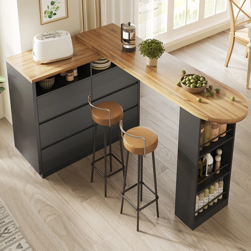 Table de bar extensible noire effet bois, îlot cuisine avec 6 tiroirs et roulettes MODERNSTOOL