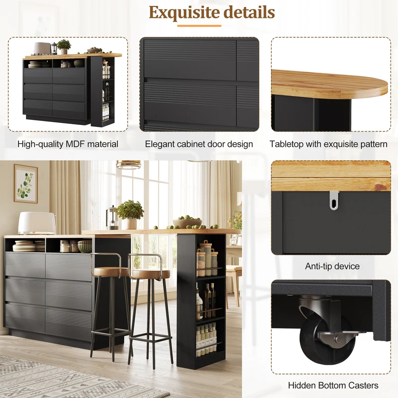 Table de bar extensible noire effet bois, îlot cuisine avec 6 tiroirs et roulettes MODERNSTOOL
