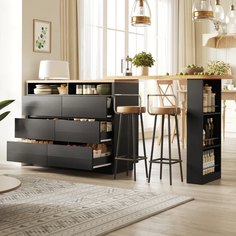 Table de bar extensible noire effet bois, îlot cuisine avec 6 tiroirs et roulettes MODERNSTOOL