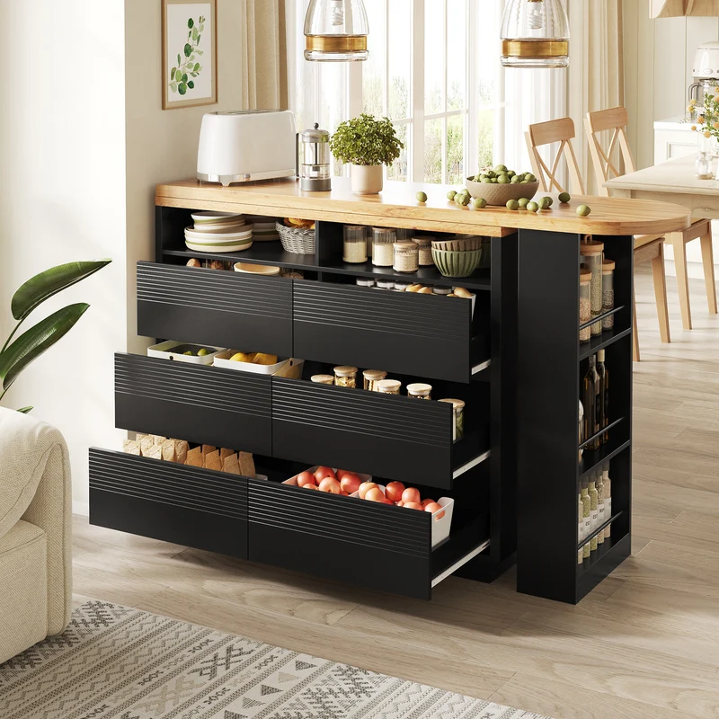 Table de bar extensible noire effet bois, îlot cuisine avec 6 tiroirs et roulettes MODERNSTOOL