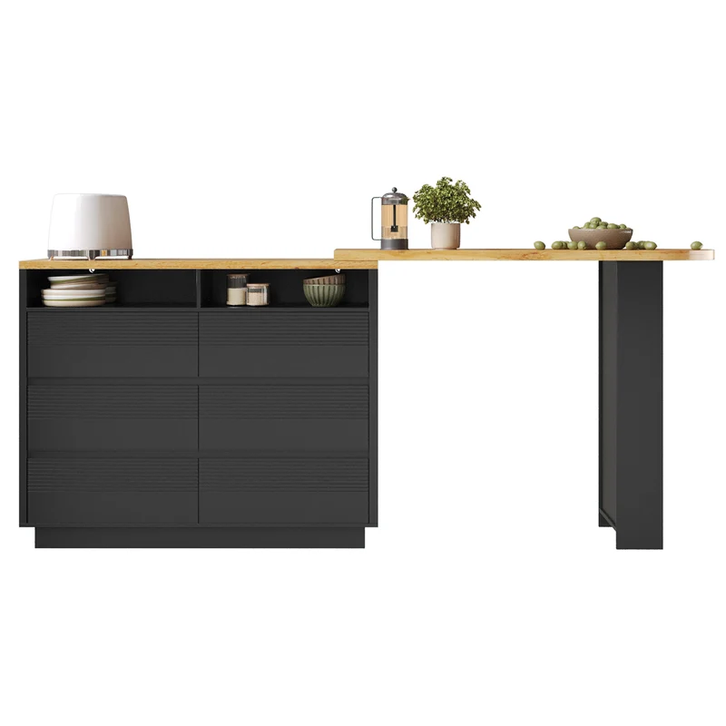 Table de bar extensible noire effet bois, îlot cuisine avec 6 tiroirs et roulettes MODERNSTOOL