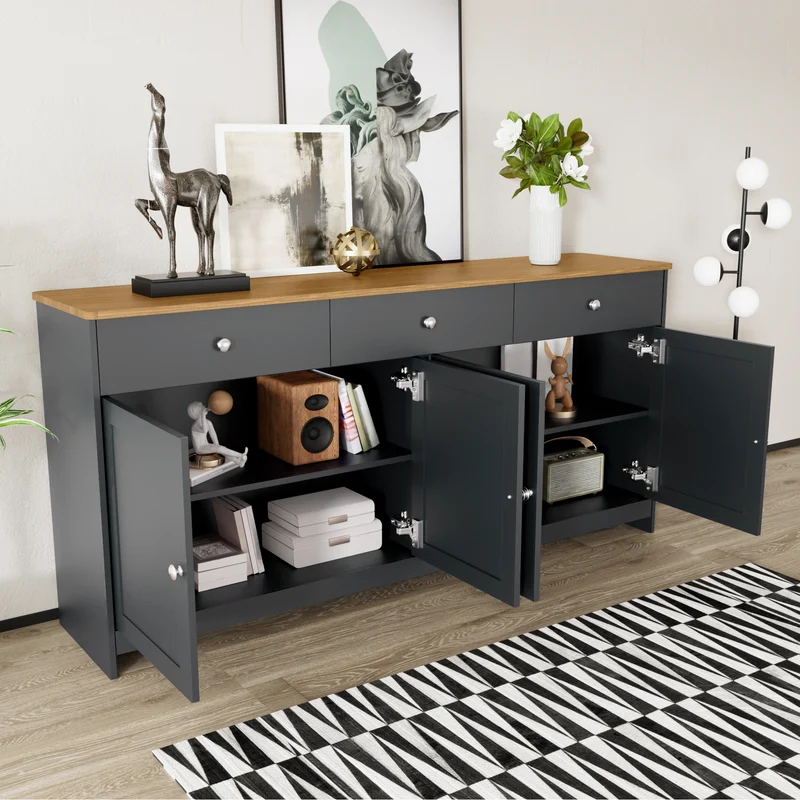 Buffet effet bois et gris 4 portes 3 tiroirs style campagne chic PLANTCOLLECTION