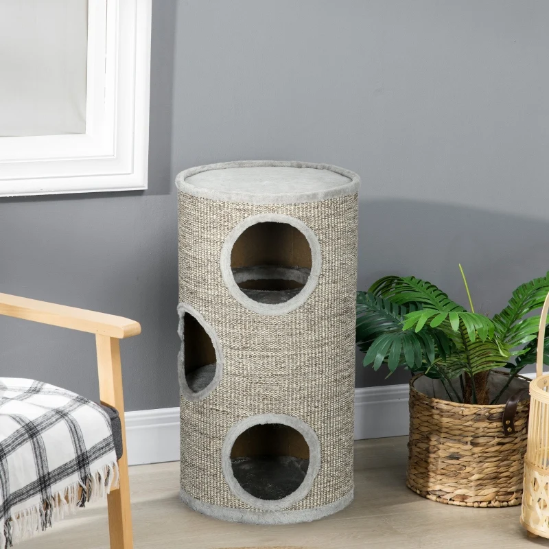 Subelementary Arbre à chat 3 niveaux 38x38x70cm gris clair – Griffoir sisal, robuste et confortable