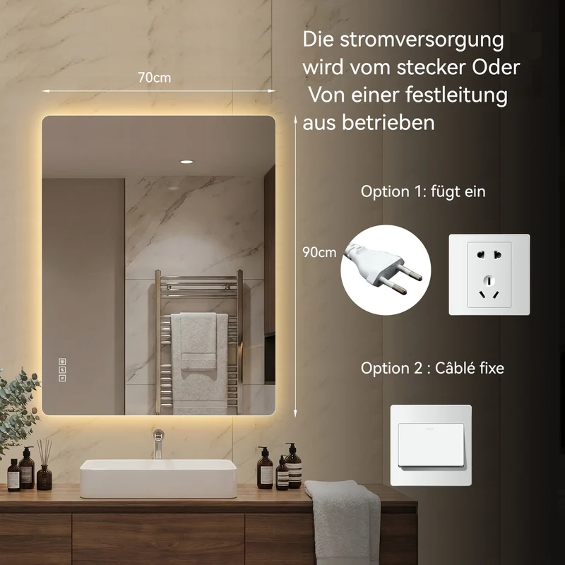 Bungarum Miroir LED 70x90cm – Miroir de Salle de Bain Sans Cadre, Rétroéclairé, Dimmable, Anti-Buée, Montage Vertical/Horizontal