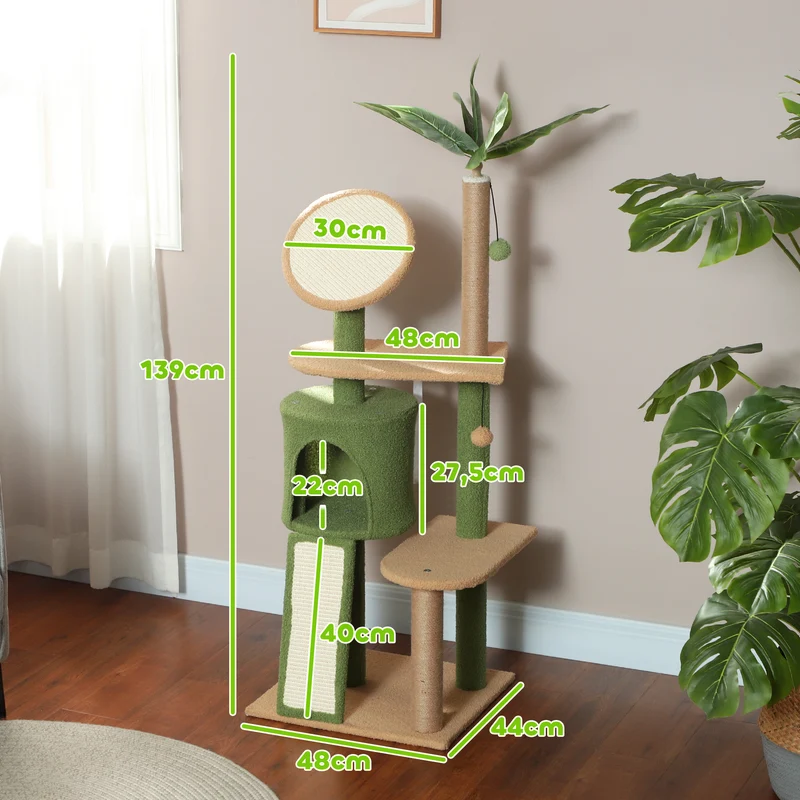 Mouching Arbre à chat 139 cm vert avec maisonnette, griffoirs sisal, pour chats jusqu'à 5 kg