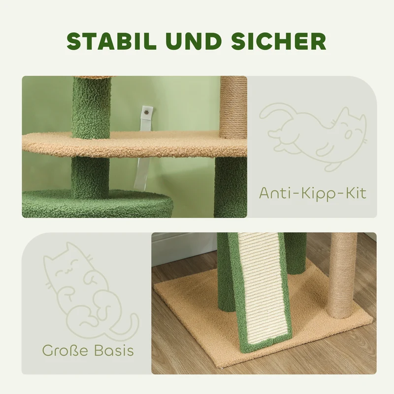Mouching Arbre à chat 139 cm vert avec maisonnette, griffoirs sisal, pour chats jusqu'à 5 kg