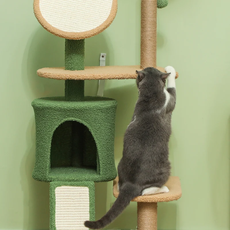 Mouching Arbre à chat 139 cm vert avec maisonnette, griffoirs sisal, pour chats jusqu'à 5 kg