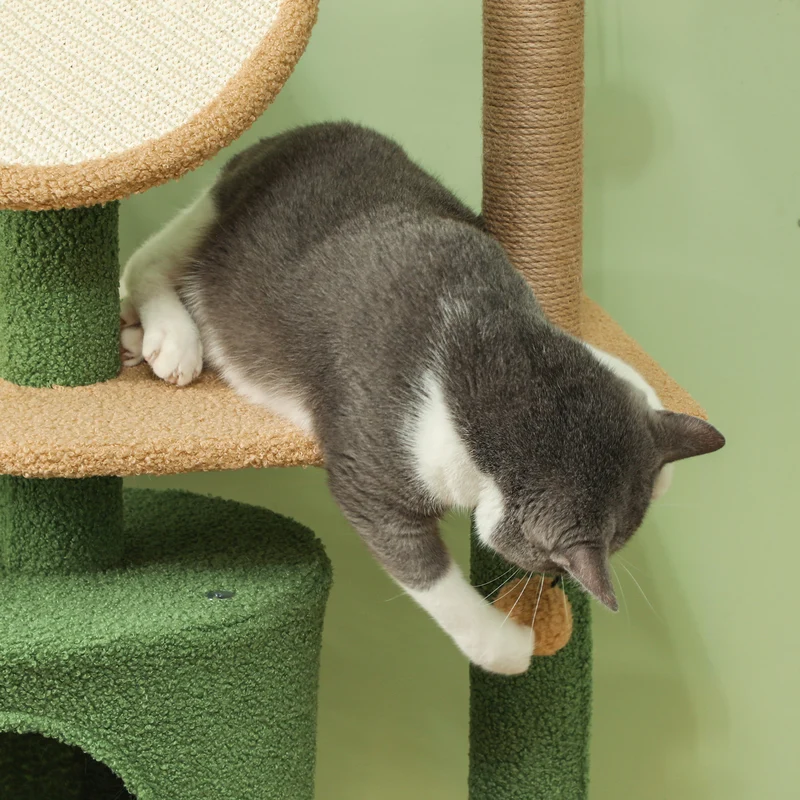 Mouching Arbre à chat 139 cm vert avec maisonnette, griffoirs sisal, pour chats jusqu'à 5 kg