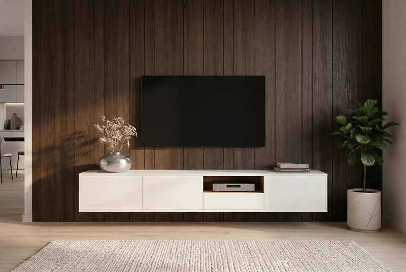 TV-Board suspendu LOFT 200 cm blanc naturel sept compartiments avec tiroir
