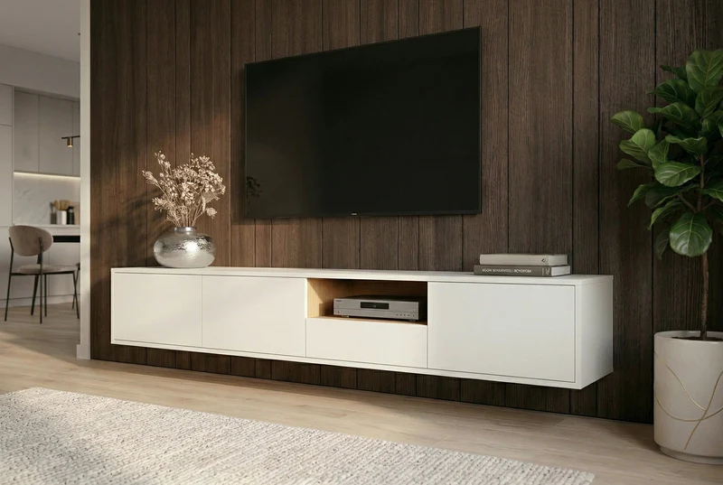 TV-Board suspendu LOFT 200 cm blanc naturel sept compartiments avec tiroir