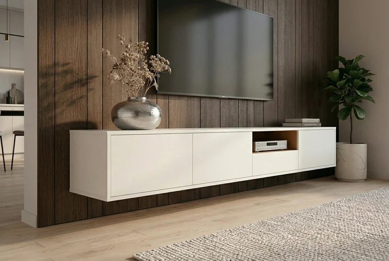 TV-Board suspendu LOFT 200 cm blanc naturel sept compartiments avec tiroir