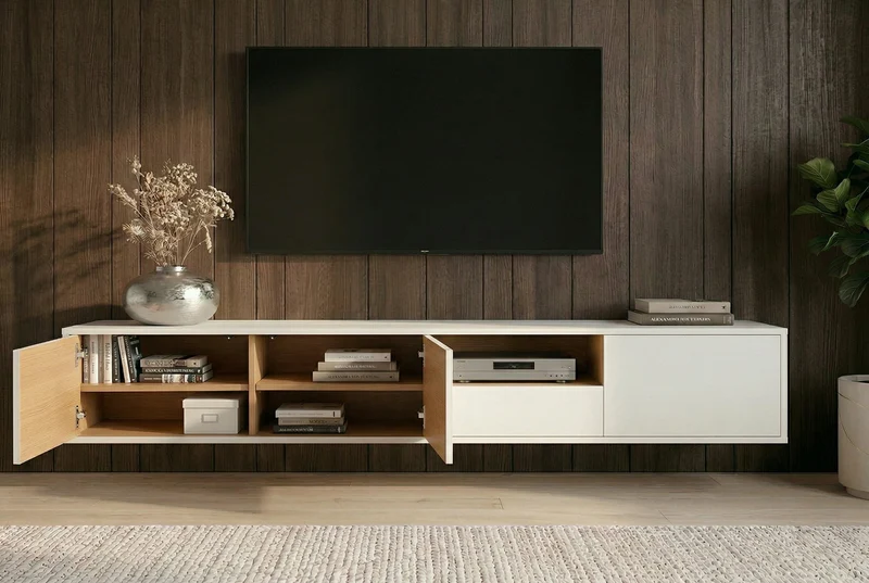 TV-Board suspendu LOFT 200 cm blanc naturel sept compartiments avec tiroir