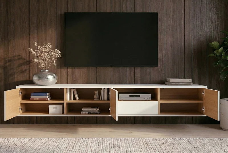 TV-Board suspendu LOFT 200 cm blanc naturel sept compartiments avec tiroir