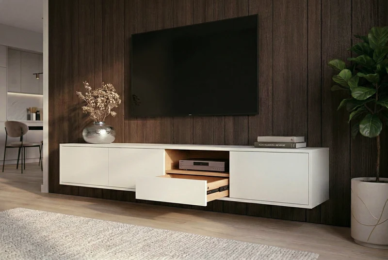TV-Board suspendu LOFT 200 cm blanc naturel sept compartiments avec tiroir