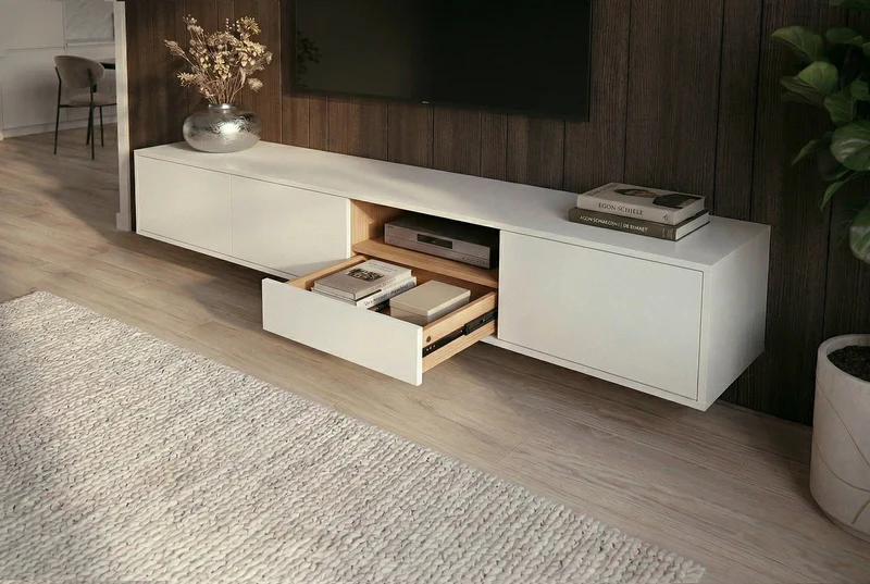 TV-Board suspendu LOFT 200 cm blanc naturel sept compartiments avec tiroir