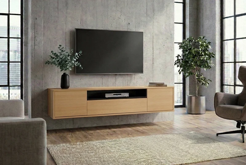 TV-Board suspendu LOFT 150cm naturel noir cinq compartiments avec tiroir