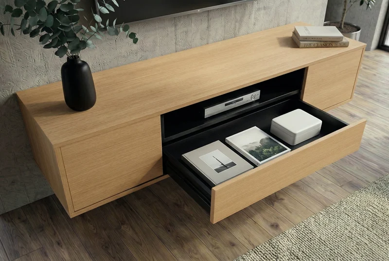 TV-Board suspendu LOFT 150cm naturel noir cinq compartiments avec tiroir