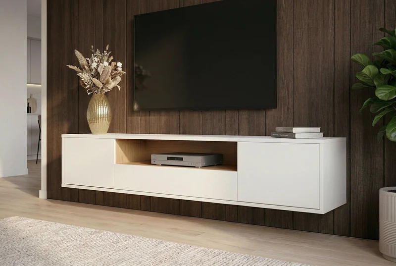 Meuble TV suspendu LOFT 150cm blanc naturel cinq compartiments avec tiroir (réf. 47813)