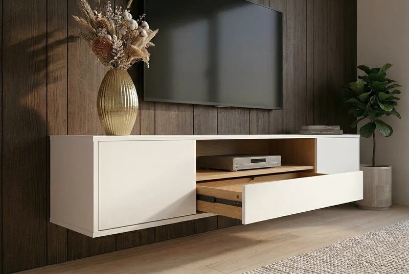 Meuble TV suspendu LOFT 150cm blanc naturel cinq compartiments avec tiroir (réf. 47813)
