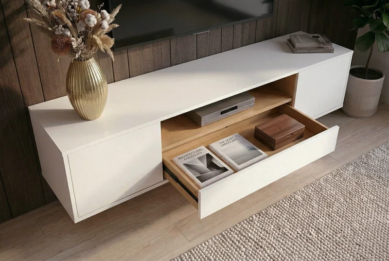 Meuble TV suspendu LOFT 150cm blanc naturel cinq compartiments avec tiroir (réf. 47813)
