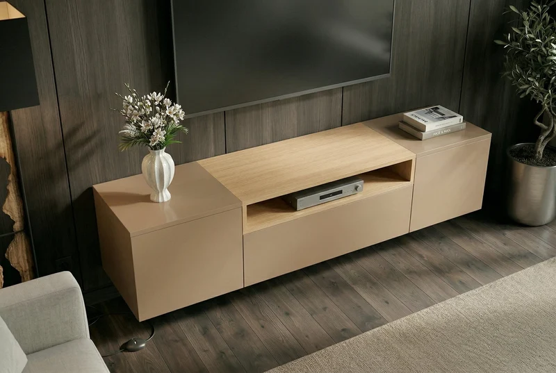 TV-Board LOFT 160cm naturel gris beige greige trois compartiments avec tiroir