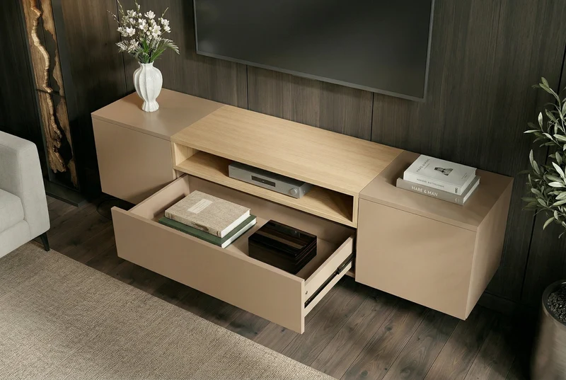 TV-Board LOFT 160cm naturel gris beige greige trois compartiments avec tiroir