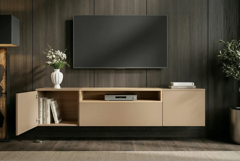 TV-Board LOFT 160cm naturel gris beige greige trois compartiments avec tiroir