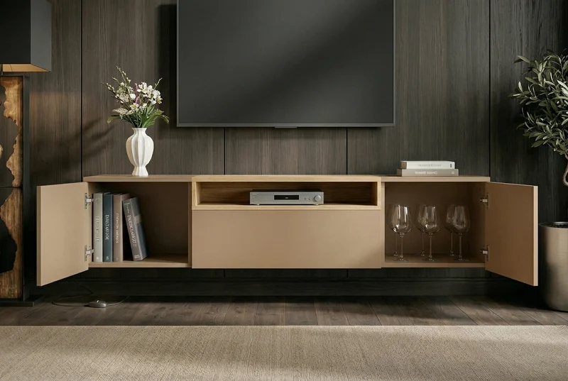 TV-Board LOFT 160cm naturel gris beige greige trois compartiments avec tiroir