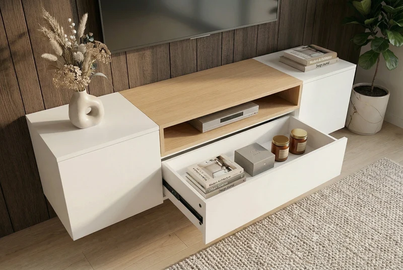 TV-Board suspendu LOFT 160 cm blanc naturel trois compartiments avec tiroir