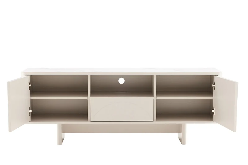 Meuble TV design SAVOY 150cm cachemire marbre blanc céramique avec rangements et façade 3D