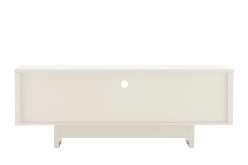 Meuble TV design SAVOY 150cm cachemire marbre blanc céramique avec rangements et façade 3D