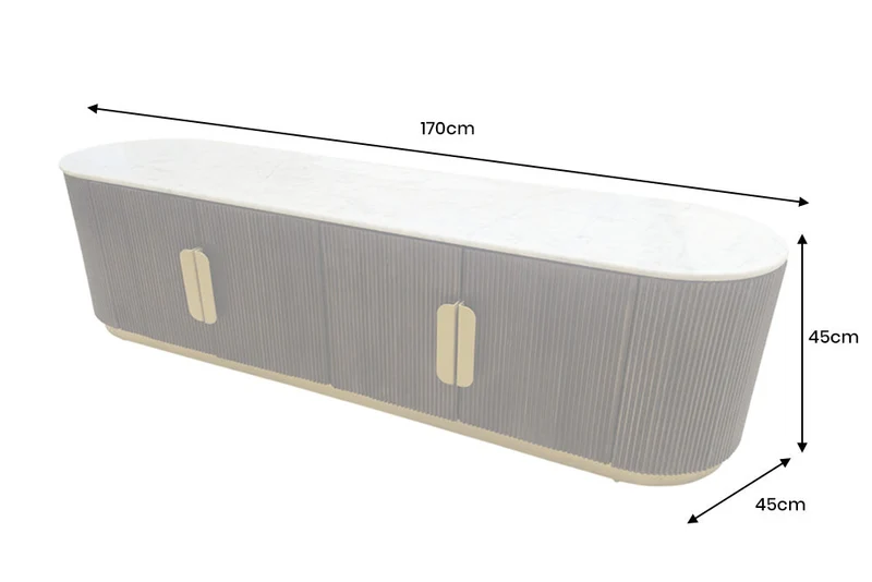 Meuble TV design GATSBY 170cm marron doré manguier dessus marbre blanc