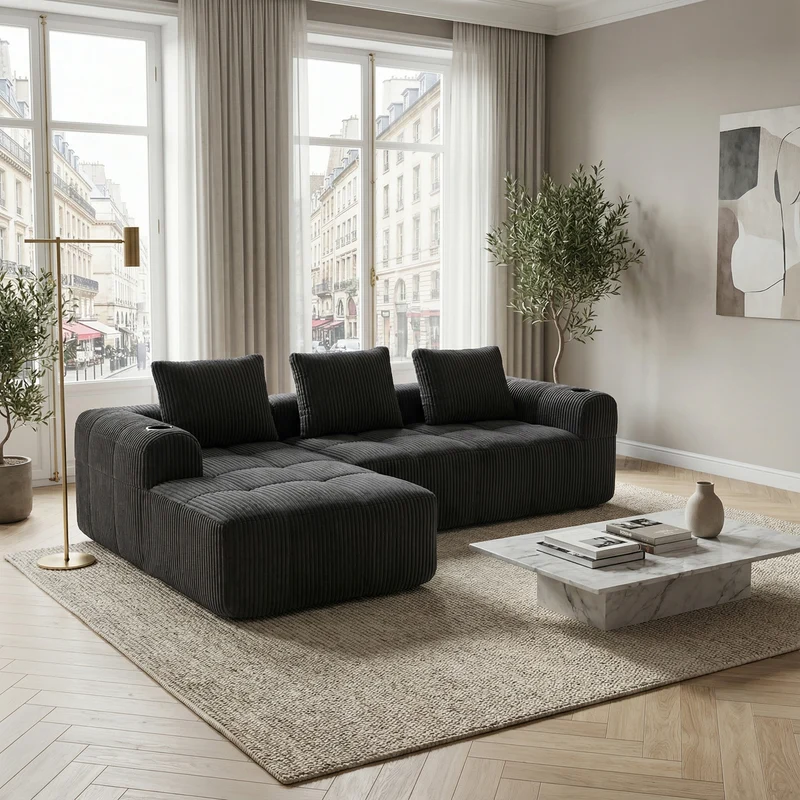 Canapé d'angle modulable en velours côtelé gris foncé – confort premium avec poches latérales et porte-gobelets GNIVATIONPATCH