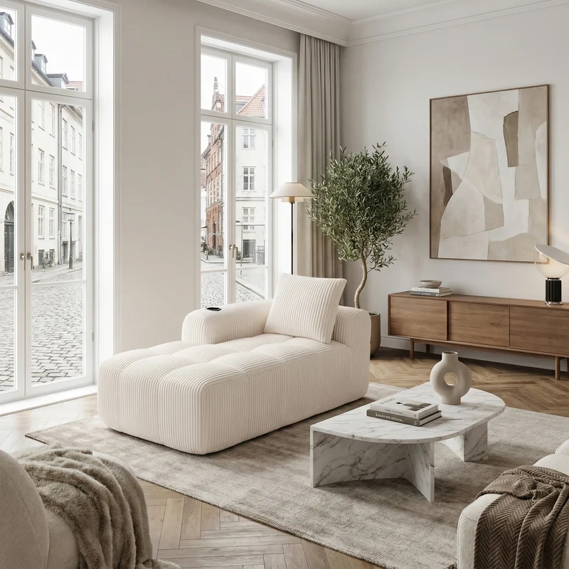 Méridienne droite en velours côtelé blanc cassé modulable avec porte-gobelet et poche latérale CYPRESSNODE