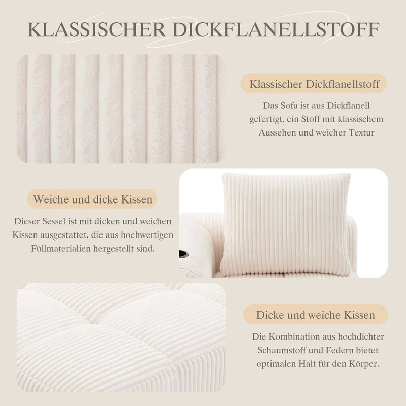 Méridienne droite en velours côtelé blanc cassé modulable avec porte-gobelet et poche latérale CYPRESSNODE