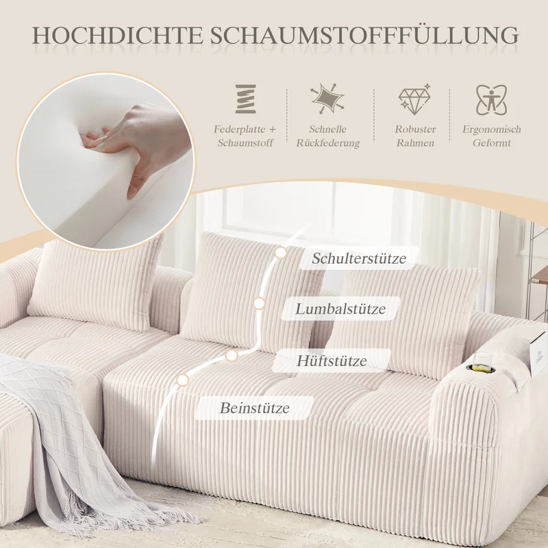 Canapé d'angle 3 places modulable en velours côtelé blanc cassé– confort premium, poches latérales et porte-gobelets ECLIPSEBAND