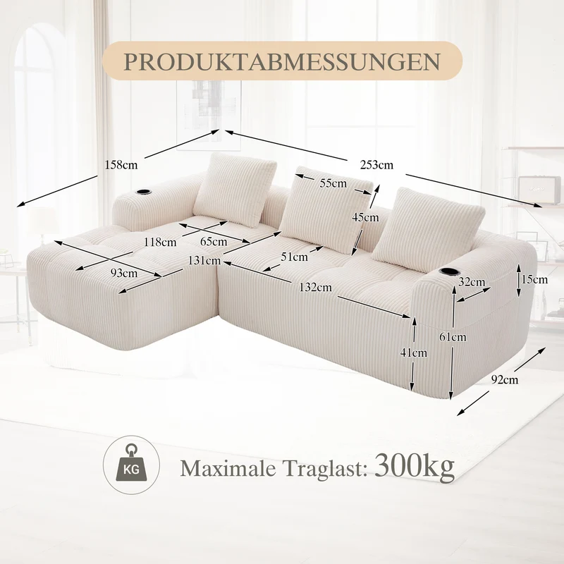 Canapé d'angle 3 places modulable en velours côtelé blanc cassé– confort premium, poches latérales et porte-gobelets ECLIPSEBAND