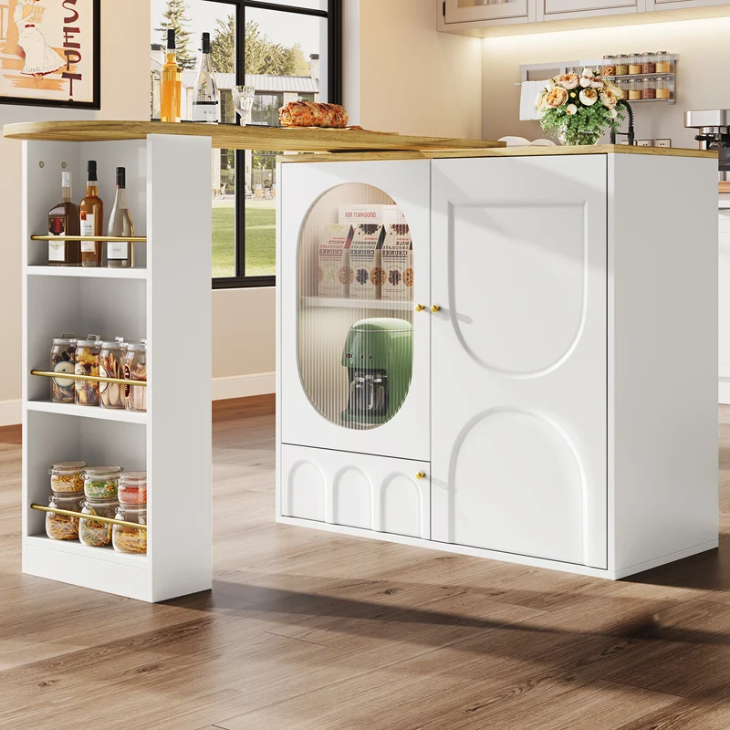 Table de bar effet bois et blanc, plateau pivotant à 360° portes en verre canelé FROSTBLOOM