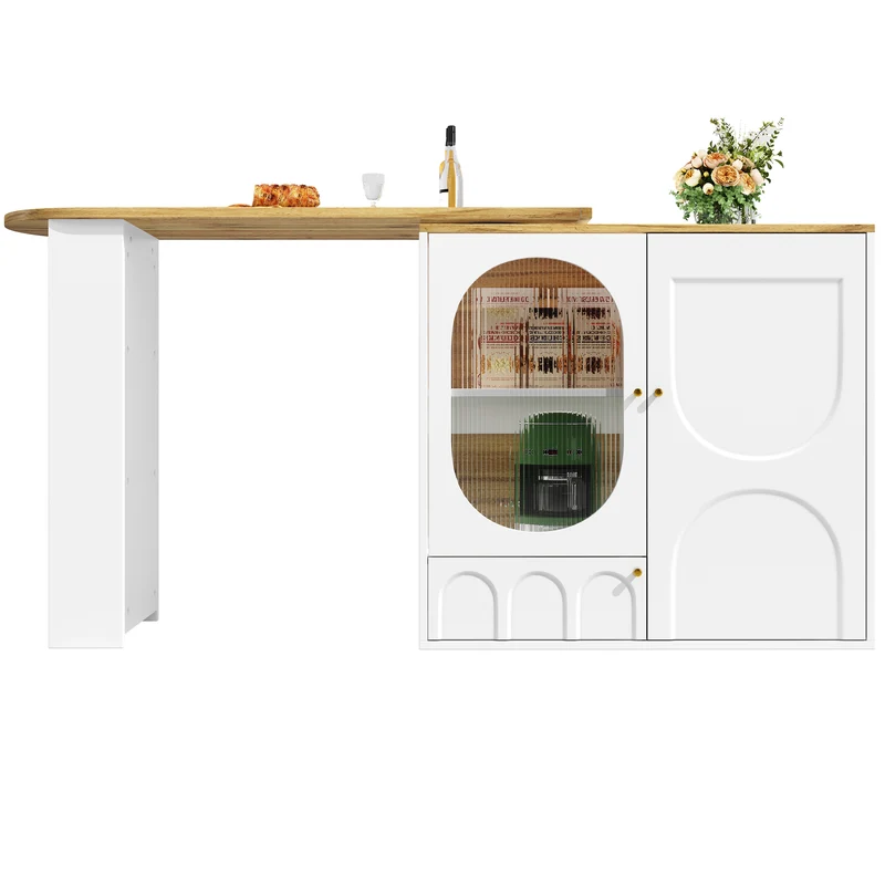 Table de bar effet bois et blanc, plateau pivotant à 360° portes en verre canelé FROSTBLOOM